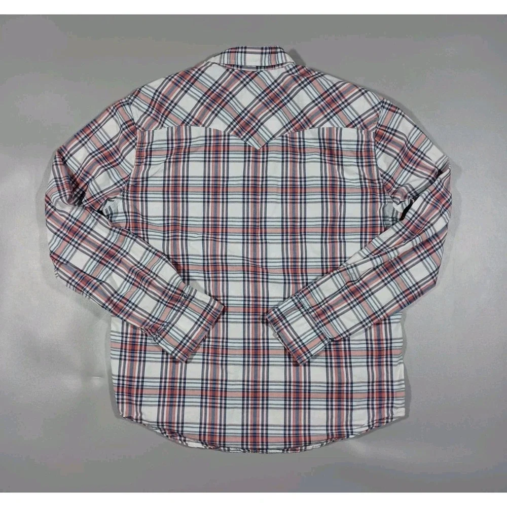 Levis Shirt Mens L White Blue Orange Plaid Western Long Sleeve‎ Pearl Snap